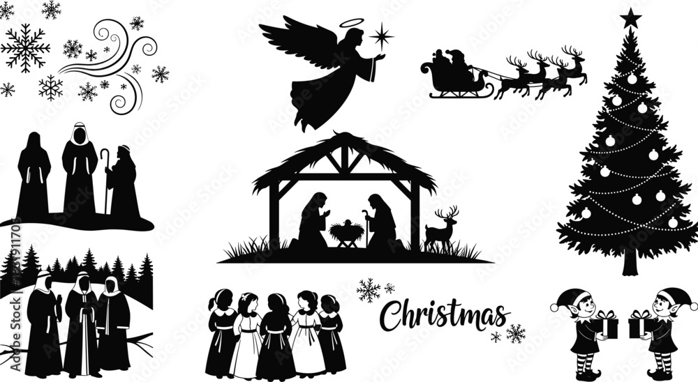 Fototapeta premium Set of Traditional Christmas and Nativity Scene Silhouettes, Including Holy Family, Angel, Wise Men, Santa Sleigh, and Decorated Tree, Black and White Vector Illustration Collection