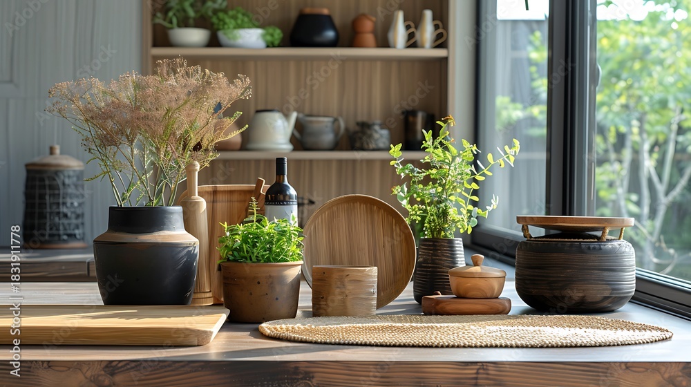 Fototapeta premium Still life of kitchenware and plants on a wooden countertop near a window with natural light shining through