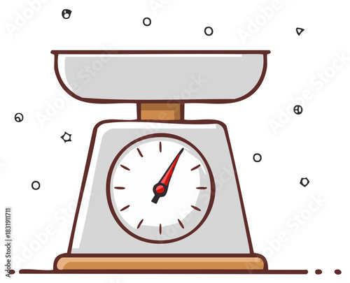 Cartoon illustration of a vintage kitchen scale with a measuring dial for weight measurement.