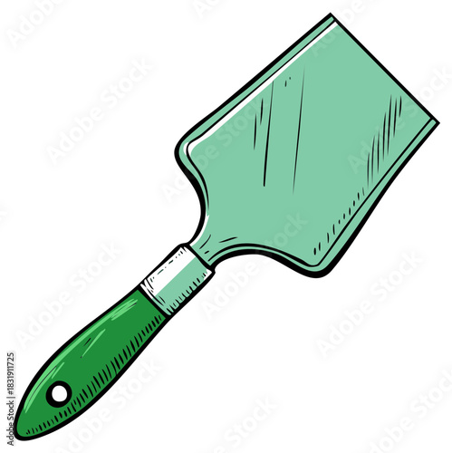 Handheld garden trowel with a green handle isolated on white