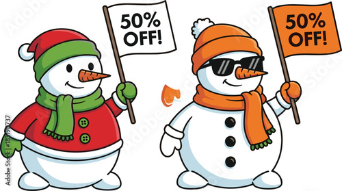 Set of two cartoon snowmen holding flags with "50% OFF!" text: promoting winter sales, holiday discounts, season clearance, and festive retail advertising campaigns.