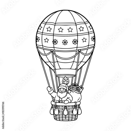 Santa Claus Hot Air Balloon Outline Vector. Isolated Christmas Adventure Coloring Page Graphic.