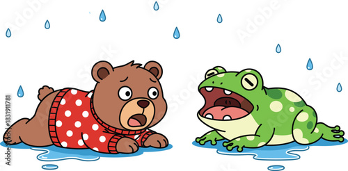 Surprised cartoon bear wearing a sweater and a wide-mouthed frog reacting to raindrops, illustrating wet weather, disappointment, funny animal reactions, and seasonal changes.