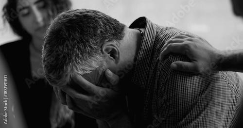 Foto Man sobs during therapy session, burying face in hands while others gently place