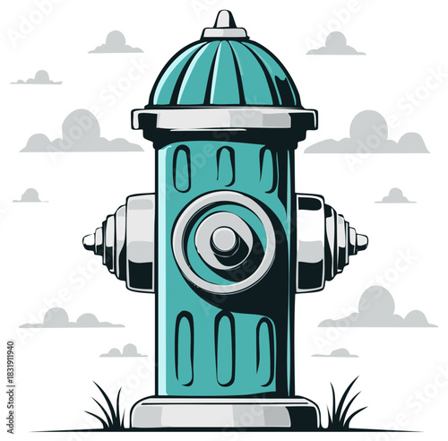 Teal blue cartoon fire hydrant illustration with subtle clouds and green grass detail
