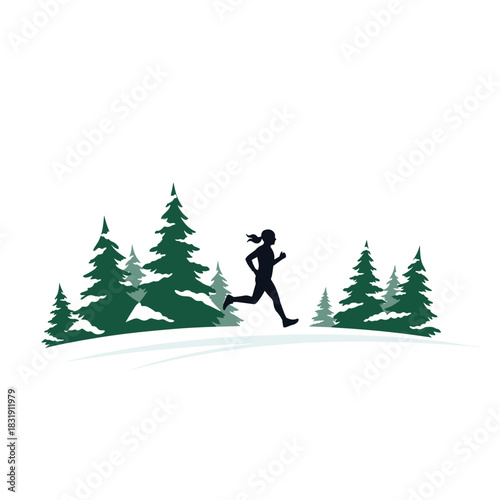 Woman jogging through winter forest surrounded by evergreen trees  