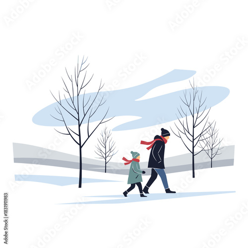 Man and child walking together in winter landscape with trees  
