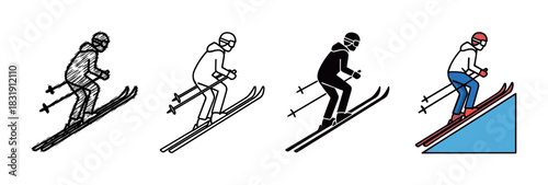 Four skier icons in a collection set showing different graphic styles like scribble, line art, silhouette, and color for winter sports design, isolated on white