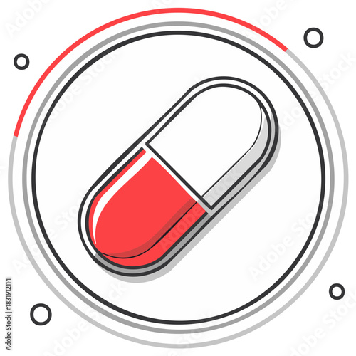 Red and White Pill Capsule in a Circular Frame Health and Medicine Illustration