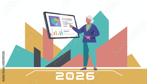 Senior manager analyzing financial data and growth projections for 2026 presentation