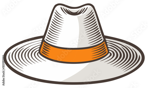 Illustration of a White Fedora Hat with Orange Band, Stylish Headwear Accessory, Isolated
