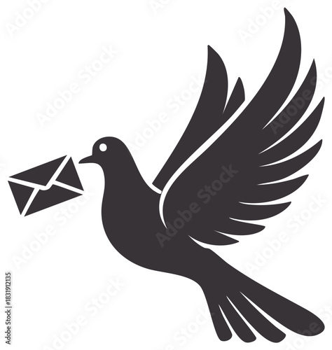 Silhouette of a flying dove carrying a letter in its beak a symbol of communication and peace