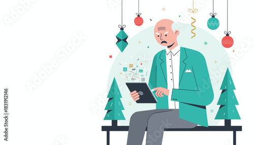 Confused senior man uses tablet amidst holiday dcor Digital difficulty concept