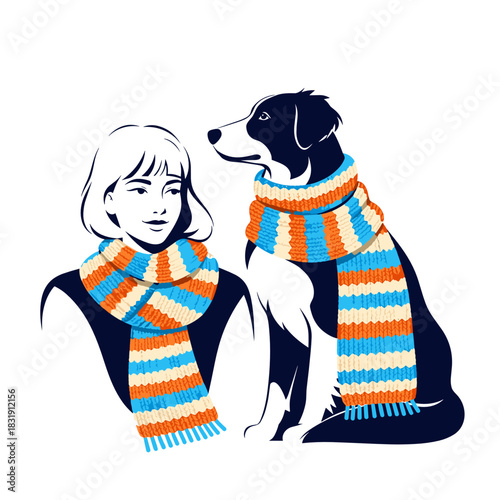 Woman with dog wearing matching striped winter scarves  