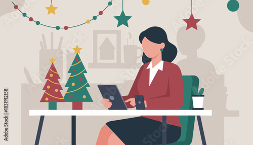 Businesswoman working at a holidaydecorated office desk using a digital tablet