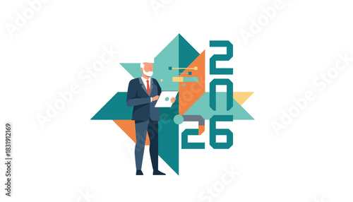 Senior executive planning strategy for 2026 with digital tablet and abstract data visualization