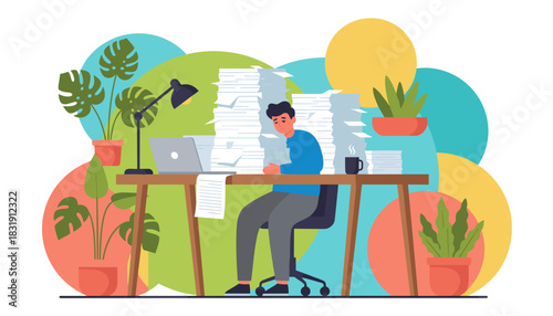 Tired employee overwhelmed by paperwork and excessive workload in a stressful office environment Burnout