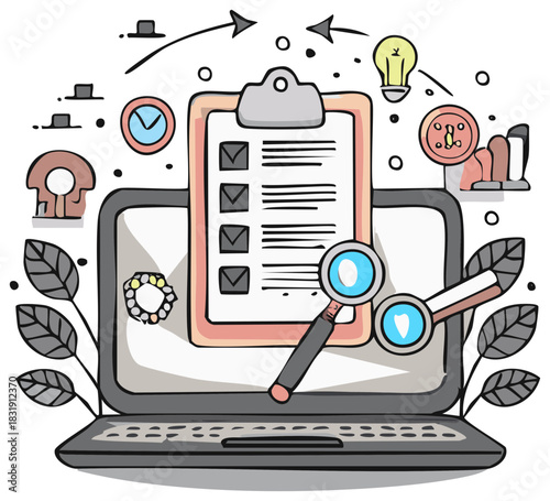 Laptop with checklist clipboard magnifying glass and decorative elements vector illustration
