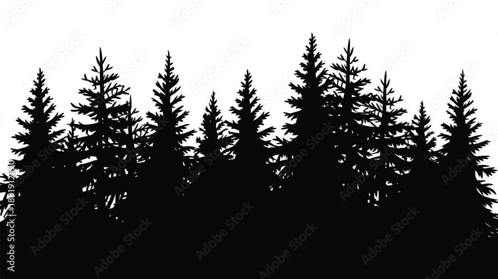 Obraz premium Silhouette of Fir Trees Forming a Forest Landscape Scene on White Background, Minimal Evergreen Woodland Outline for Nature Design Elements in Clean Vector Illustration