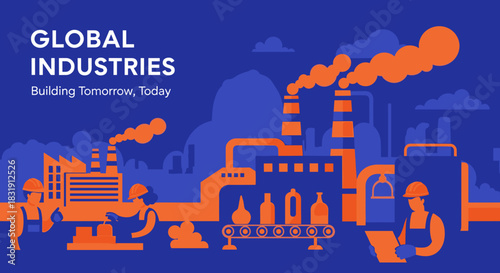 Global industries vector illustration factory workers production line and pollution smoke