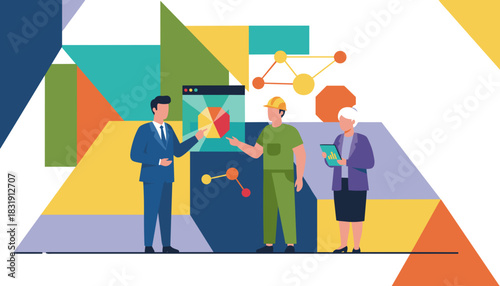 Diverse team manager worker executive analyzes data visualizations and network connections