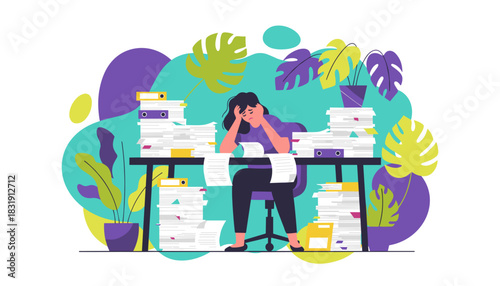 Woman stressed and overwhelmed by excessive paperwork stacks at work Business fatigue illustration