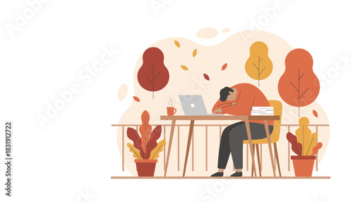 Tired worker sleeping on a laptop outside during autumn illustrating burnout and heavy workload