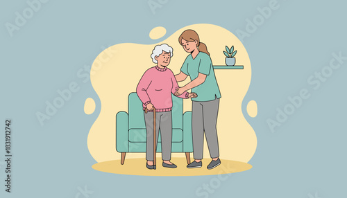 A caregiver assists a senior woman with a cane at home Elder care support and medical help concept