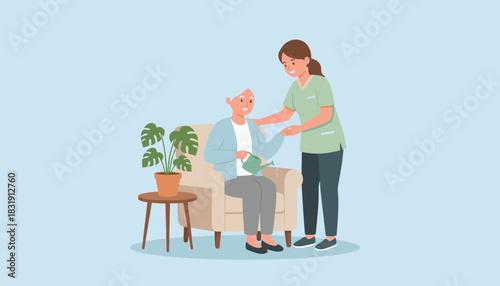 Caregiver assists happy senior woman watering her indoor plant highlighting assisted living and elder care