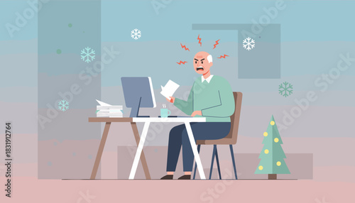 Stressed senior man overwhelmed by work and winter deadlines in the office