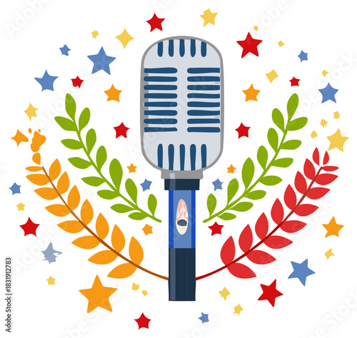 Vintage Microphone Illustration Surrounded by Decorative Stars and Foliage for Show Design and Event Backdrop Artwork