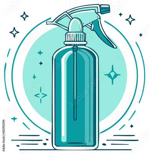 Sparkling teal cleaning spray bottle illustration for hygiene and sanitation