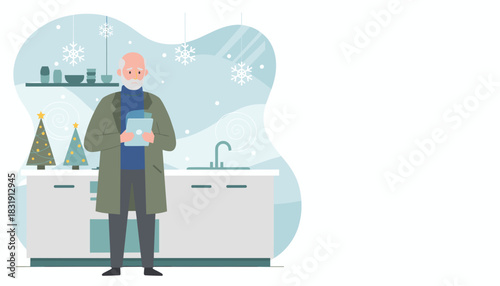 Worried senior man using a digital tablet in a cozy winter kitchen decorated for Christmas