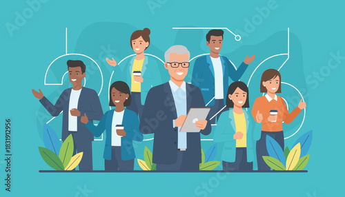 Diverse team of professionals illustrating teamwork leadership and business success