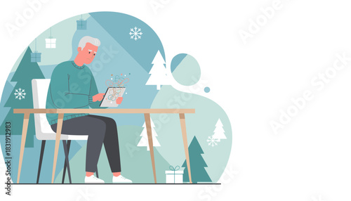 Senior man stressed by tangled digital problems on a tablet during the busy winter holiday season