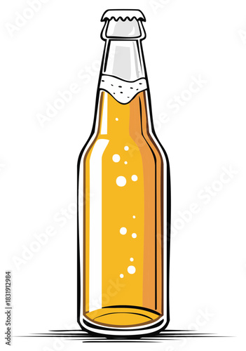 Cartoon illustration of a full glass beer bottle with a silver cap and golden liquid