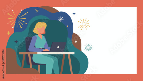 Busy woman working on a laptop at a desk with festive fireworks background