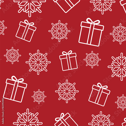 Seamless red Christmas pattern with white outlined gift boxes and snowflakes, perfect for festive wrapping paper, holiday packaging, winter backgrounds, greeting cards and seasonal digital design proj
