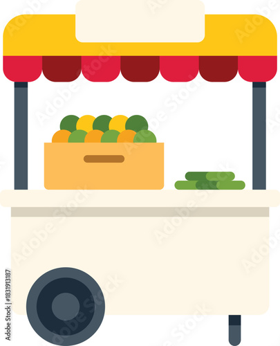 Colorful illustration of a mobile food stand selling fresh fruits and vegetables at a farmers market