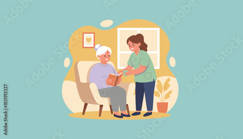 Professional caregiver assists senior woman reading a book at home Elderly health support concept