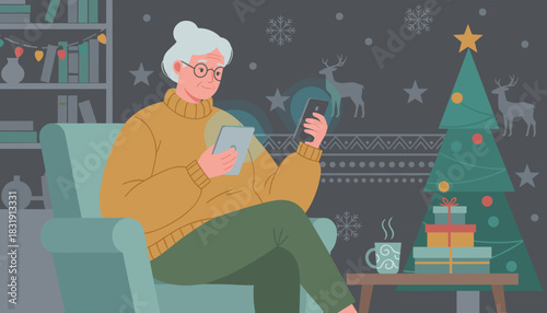 Senior woman uses tablet and phone connecting during cozy Christmas holidays at home
