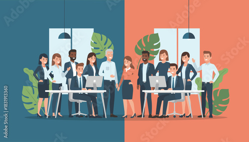 Diverse business teams collaborating in a modern office environment symbolizing comparison and unity