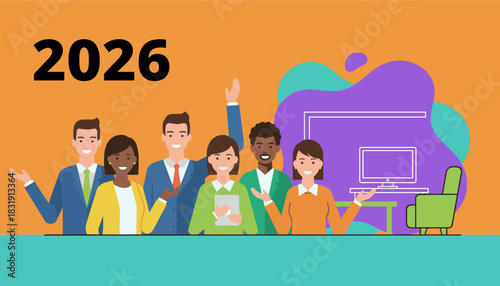 Business team illustration focused on 2026 corporate success planning and teamwork