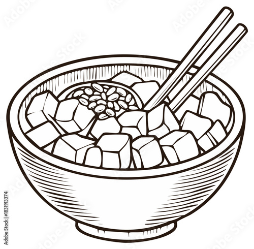Detailed outline drawing of a vibrant healthy meal bowl with plant-based ingredients and eating utensils