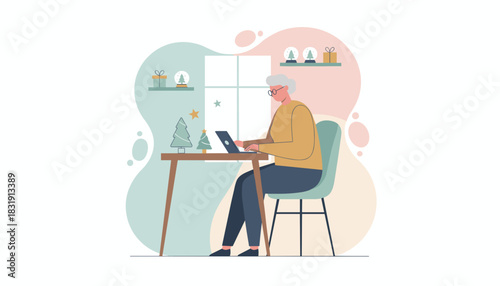 Elderly woman works on a laptop at a desk decorated for Christmas during the winter holidays