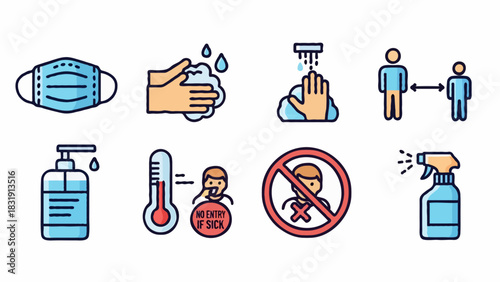 Various hygiene and safety measures illustrated in a set of icons