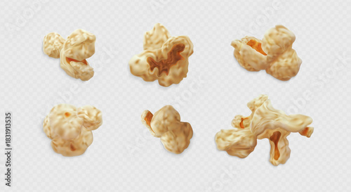 A set of crispy caramel popcorn kernels, various shapes, isolated on a transparent background.
