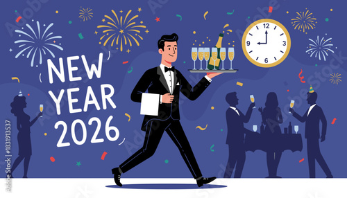 Professional waiter serving champagne at a festive New Year 2026 party with fireworks and clock