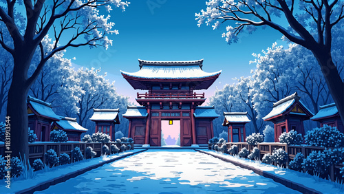 Anime Style Japanese Temple and Torii Gates in Snowy Park at Blue Hour Vector