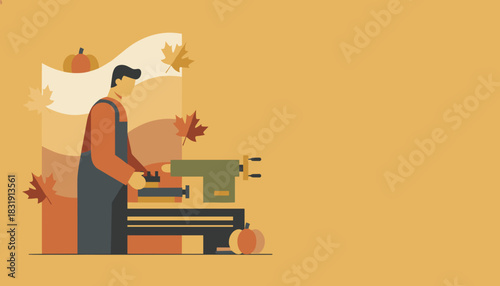 Woodworker operates a lathe surrounded by autumn leaves and pumpkins Fall hobby vector art